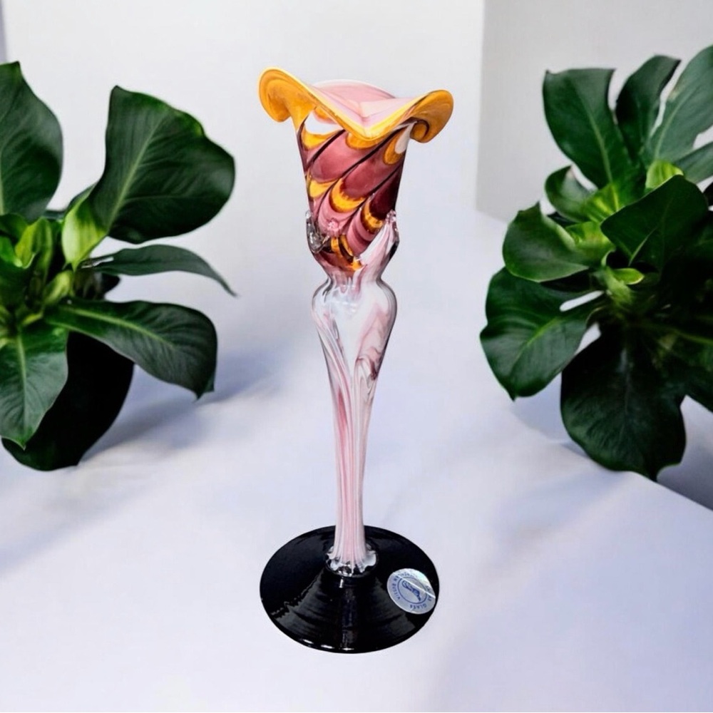 Baibab Glass 9.5" Candle Holder Bud Vase Hand Blown Pink Amber Azerbaijan Russia
